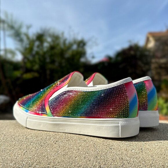 New Rainbow Multi-Color Rhinestone Crystal Fashion Sneakers Low Platform Slip On - Picture 2 of 4